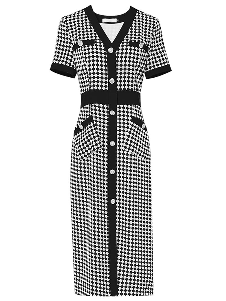 Green V Neck Checkerboard Print Short Sleeve 1940S Vintage Dress
