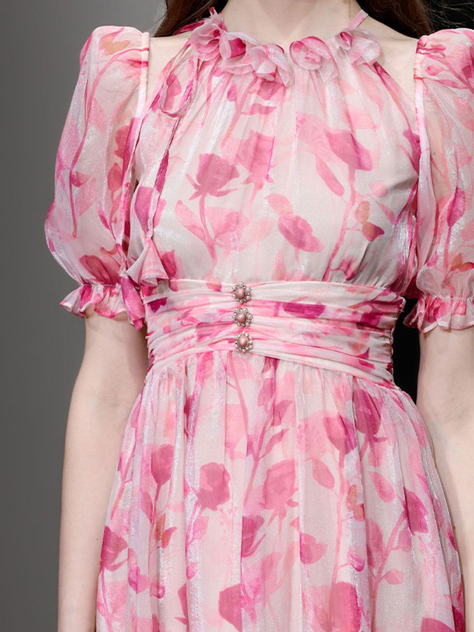 Pink Floral Print Ruffles 1950S Chiffon Vintage Dress