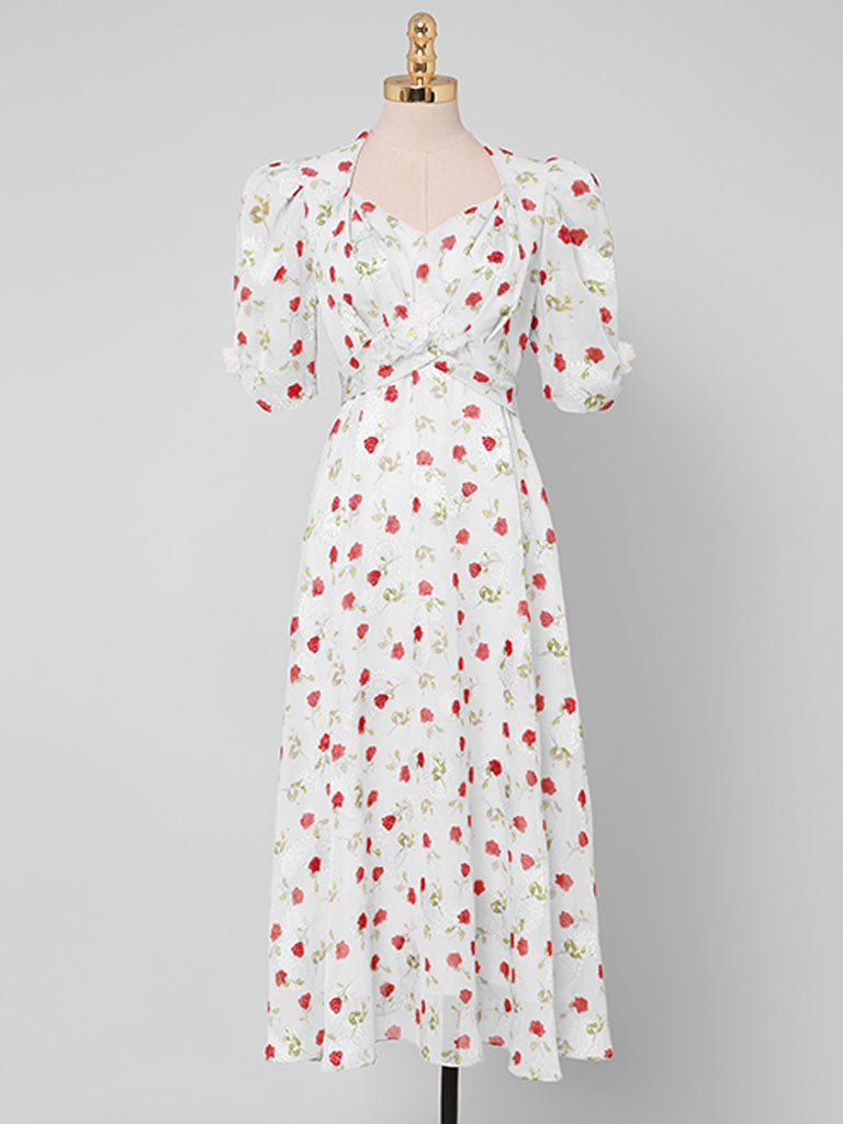 Pink Rose Floral Chiffon Vintage Style 1950S Dress