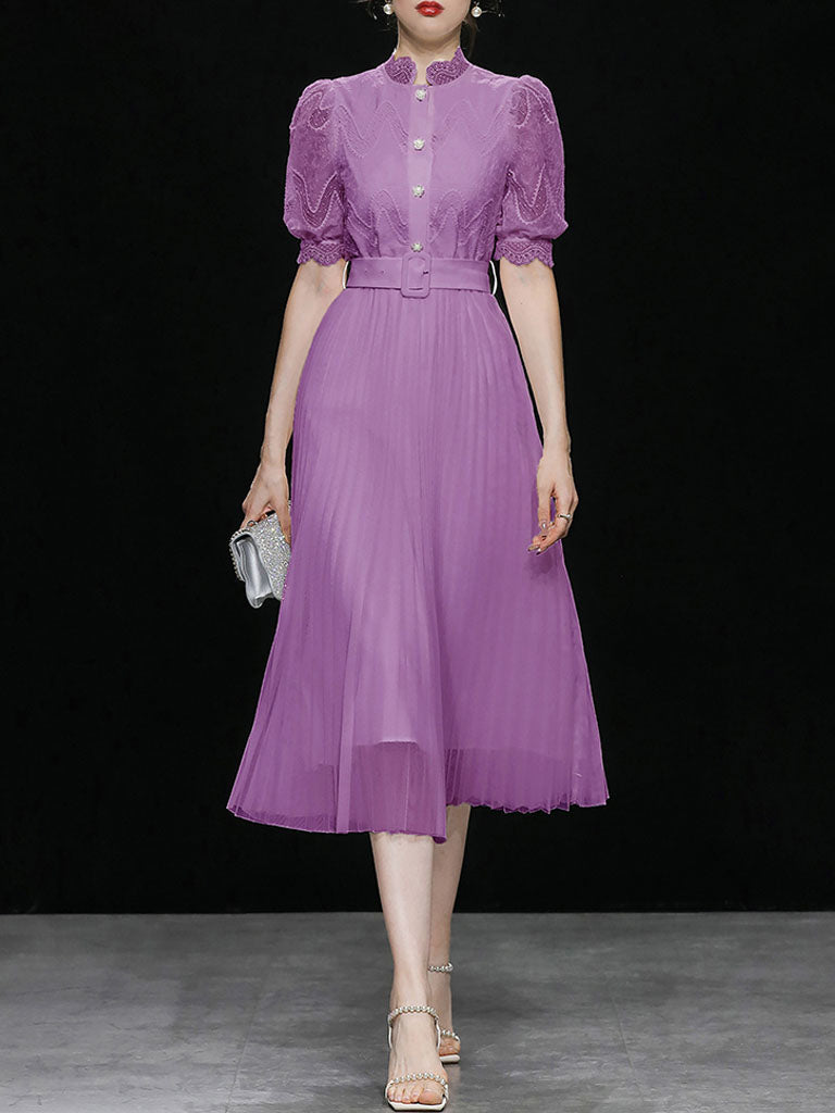 Apricot Stand Collar Puff Sleeve Mesh Pleated Dress