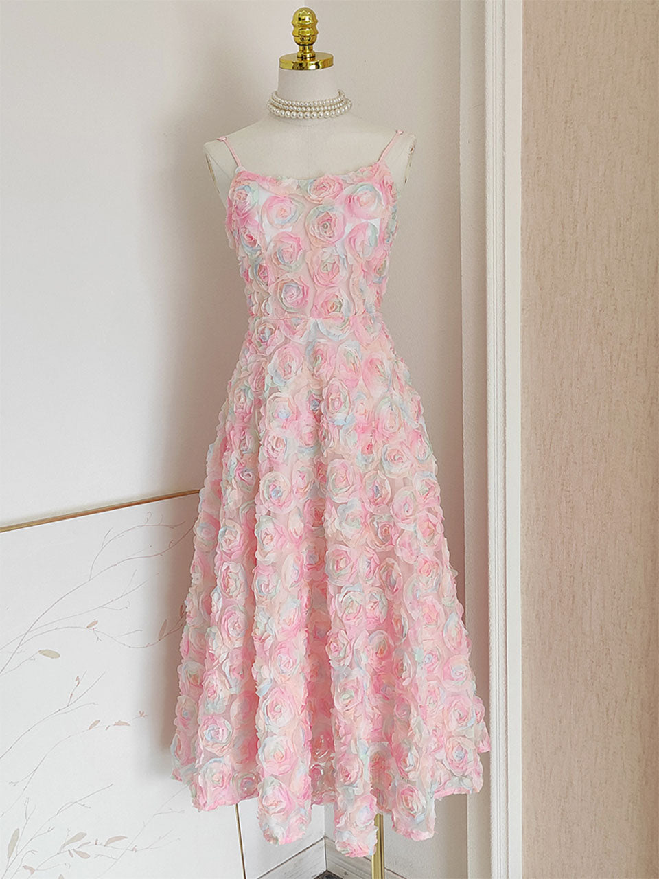 Rose Luxury Spaghetti Strap High Waist Swing Party Dress