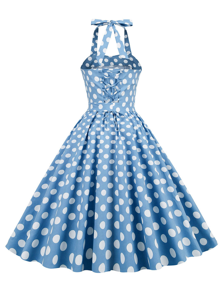 Blue And White Polka Dots Vintage Halter 1950S Dress