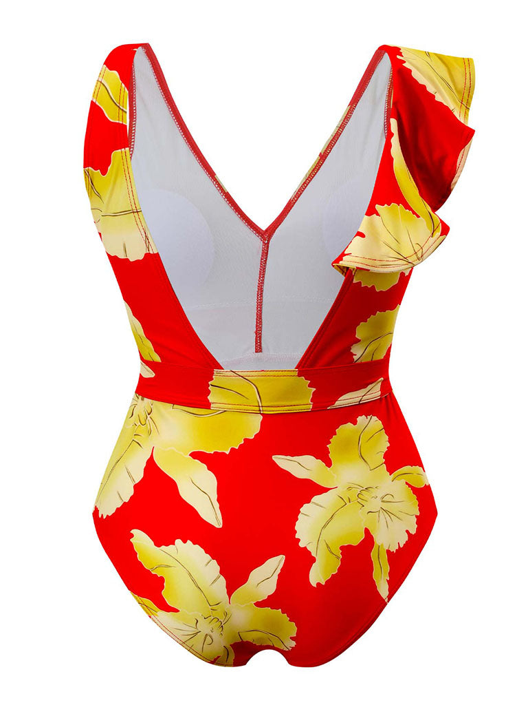 Blue Floral Print Ruffles Strap One Piece
