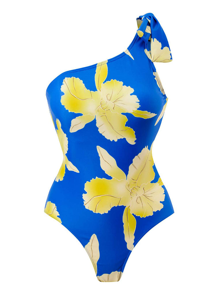 Blue Floral Print Ruffles One Shoulder Bodysuit