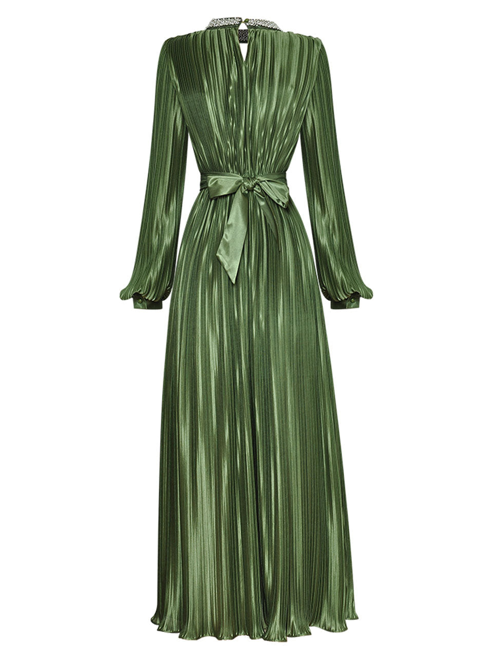 Green Pleated Long Sleeve Beading Romantic Stain Maxi Dress