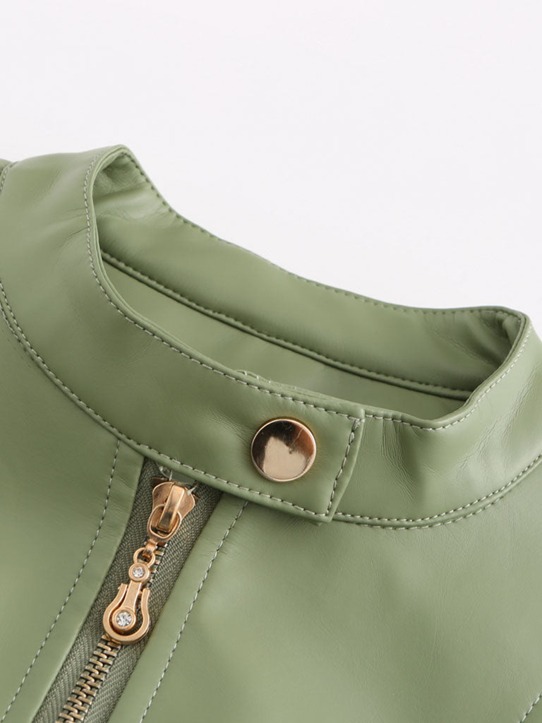 Light Green Long Sleeve PU Leather Motorcycle Jacket For Women