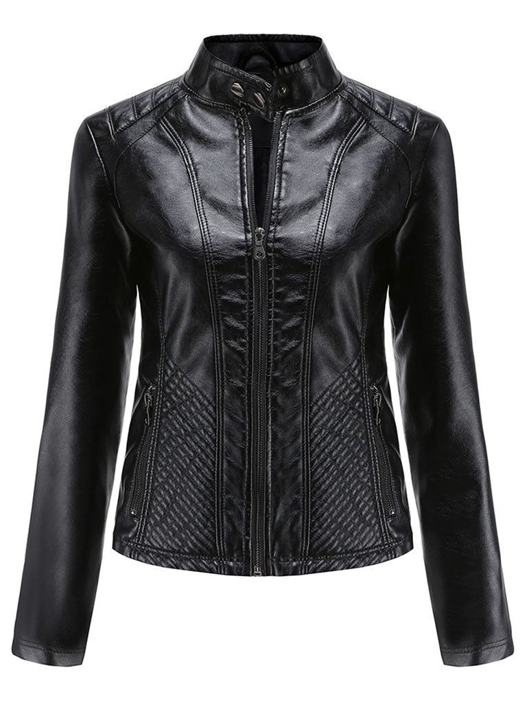 Stand Collar Long Sleeve PU Leather Motorcycle Jacket