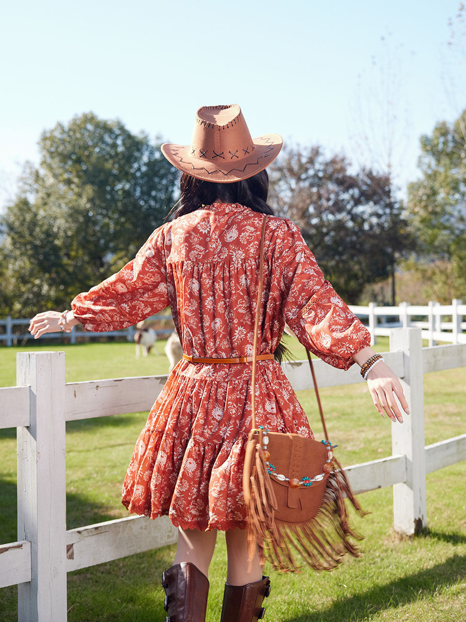 Bohemian Orange Printed Long-sleeved Mini Dress