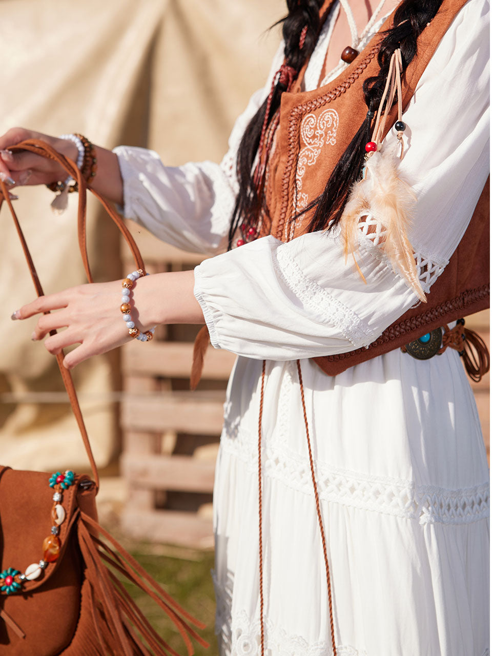 Bohemian White Long-sleeved Cotton Tassel Maxi Dress