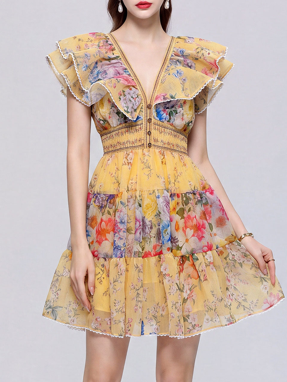 Boho Yellow Floral Printed Chiffon V-Neck Ruffled Summer Beach Mini Dress