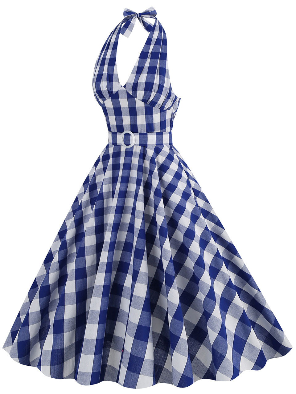 Pink And White Plaid Halter Deep V Neck 1950S Vintage Dress