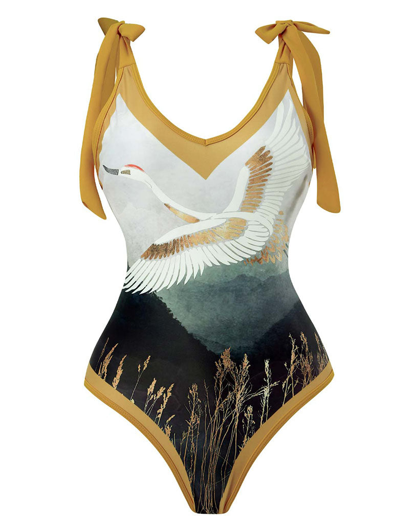 Cranes Bird Print Retro Style V Neck One Piece