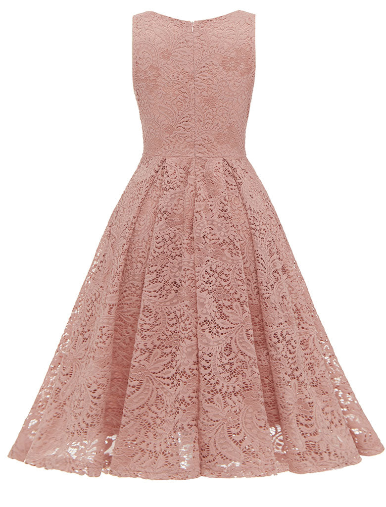 Solid Color Lace Sleeveless V Neck 50s Party Swing Dress