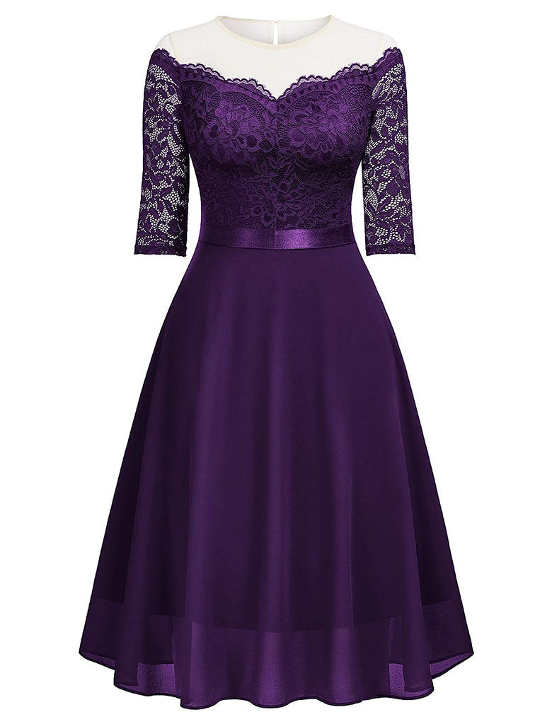 Semi Sheer Solid Color 50s Party Lace Swing Dress