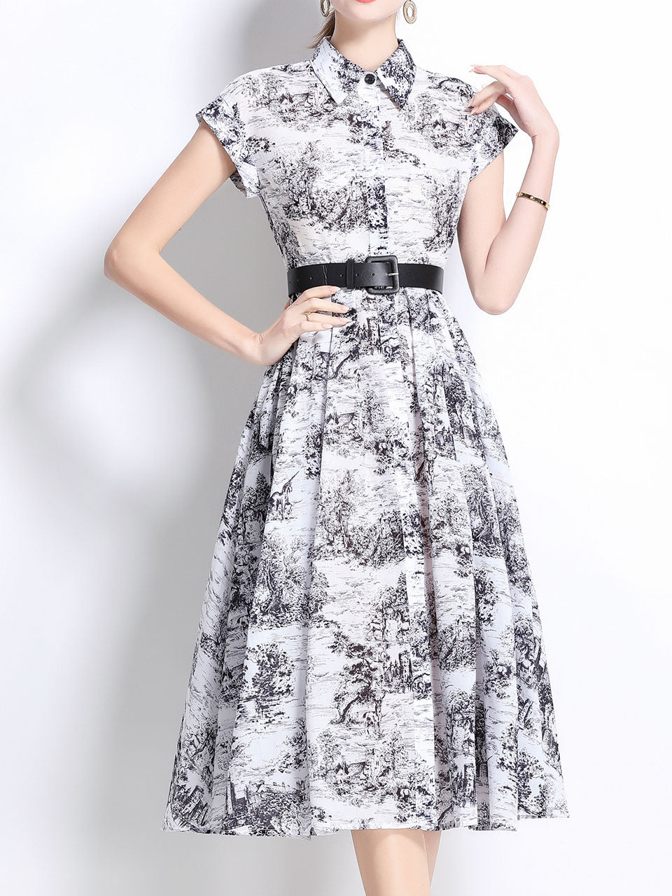 1940S Classic Shirt Collar Vintage Print Cap Sleeve Cotton Dress