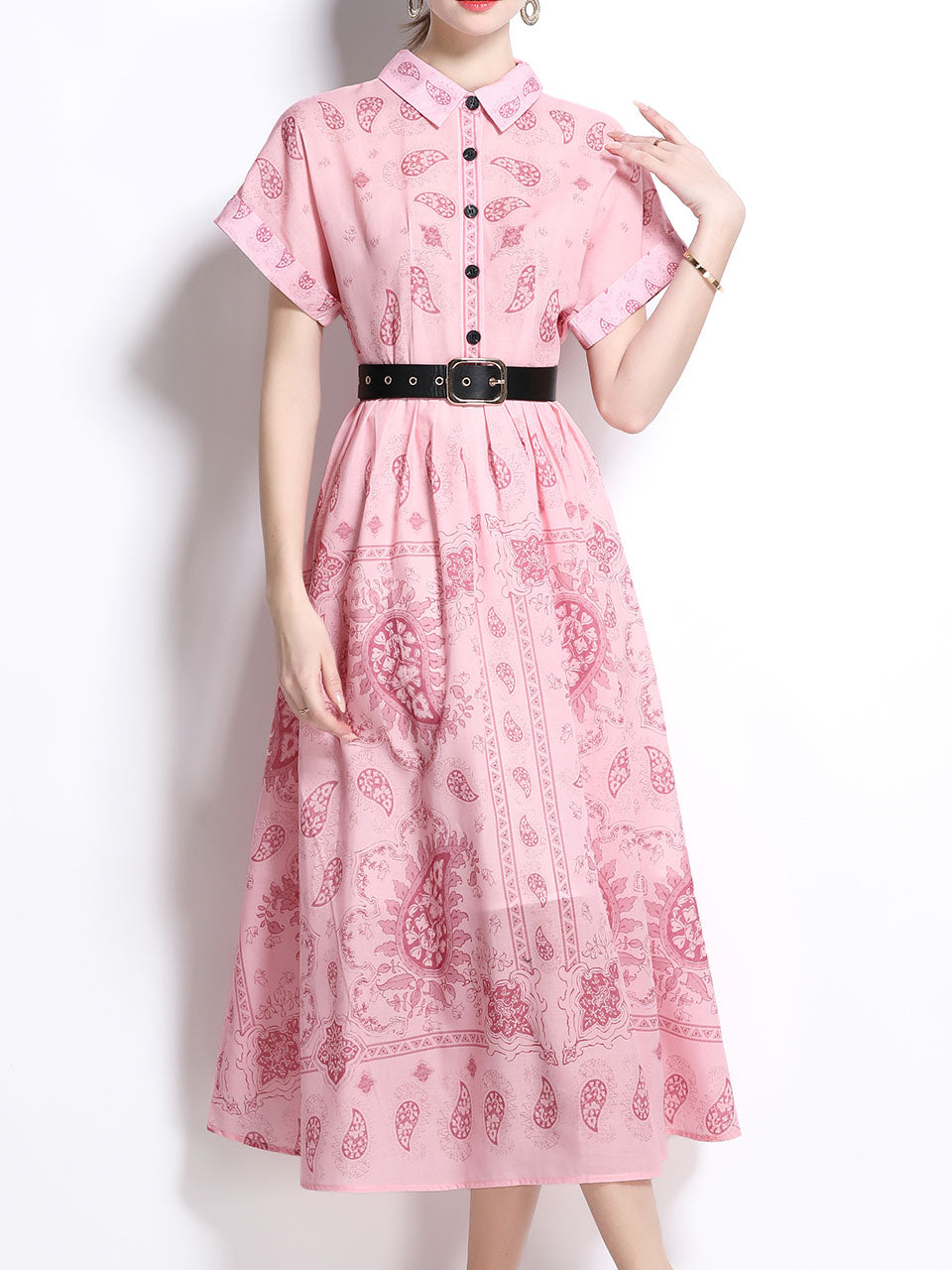 1940S Classic Shirt Collar Vintage Print Cotton Dress