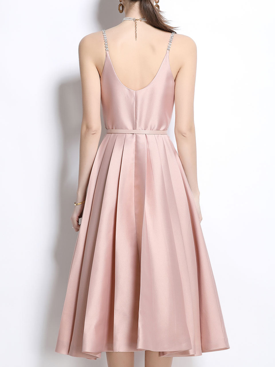 Pink Luxury Diamond Strap Satin Prom Dress