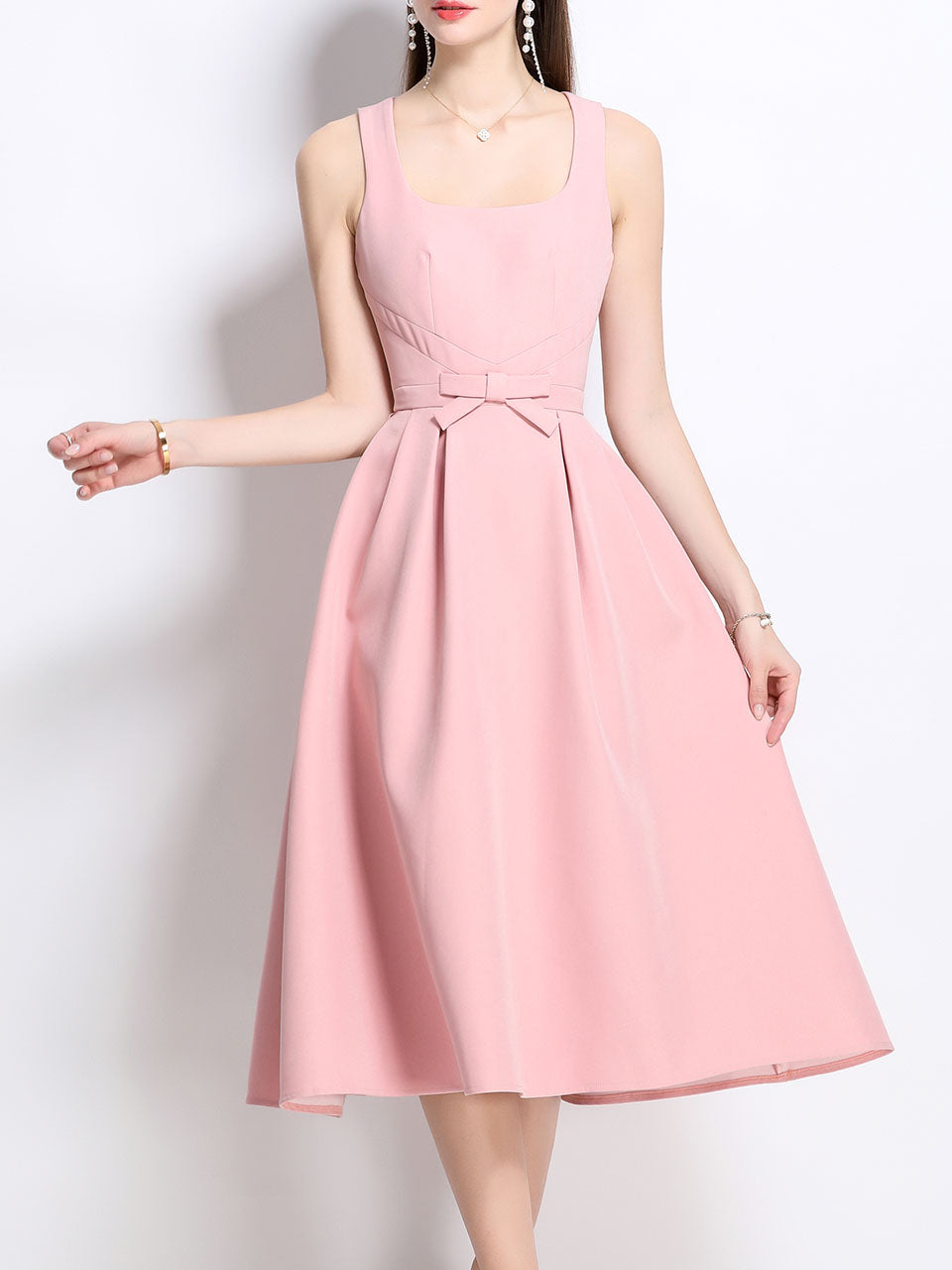 Pink Satin U Neck Sleeveless Bow 1950S Vintage Sweet Party Dress