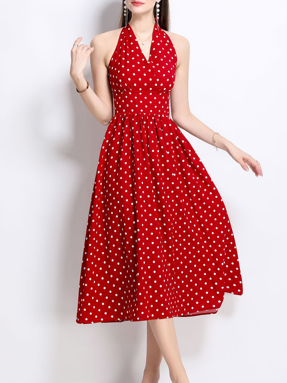 1950S Hepburn Style Outfits Polka Dots Halter Swing Dress