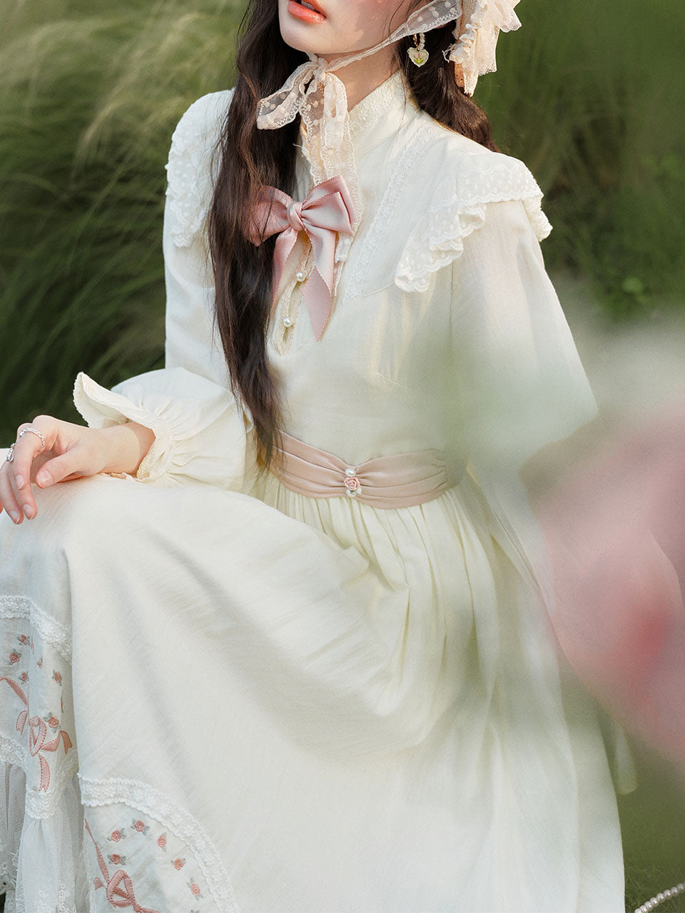 White Edwardian High Neck Lace Embroidered Vintage Dress