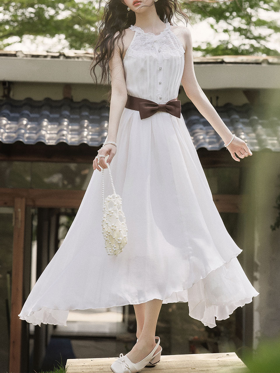 2PS White Lace Chiffon Cape Vintage Dress Set
