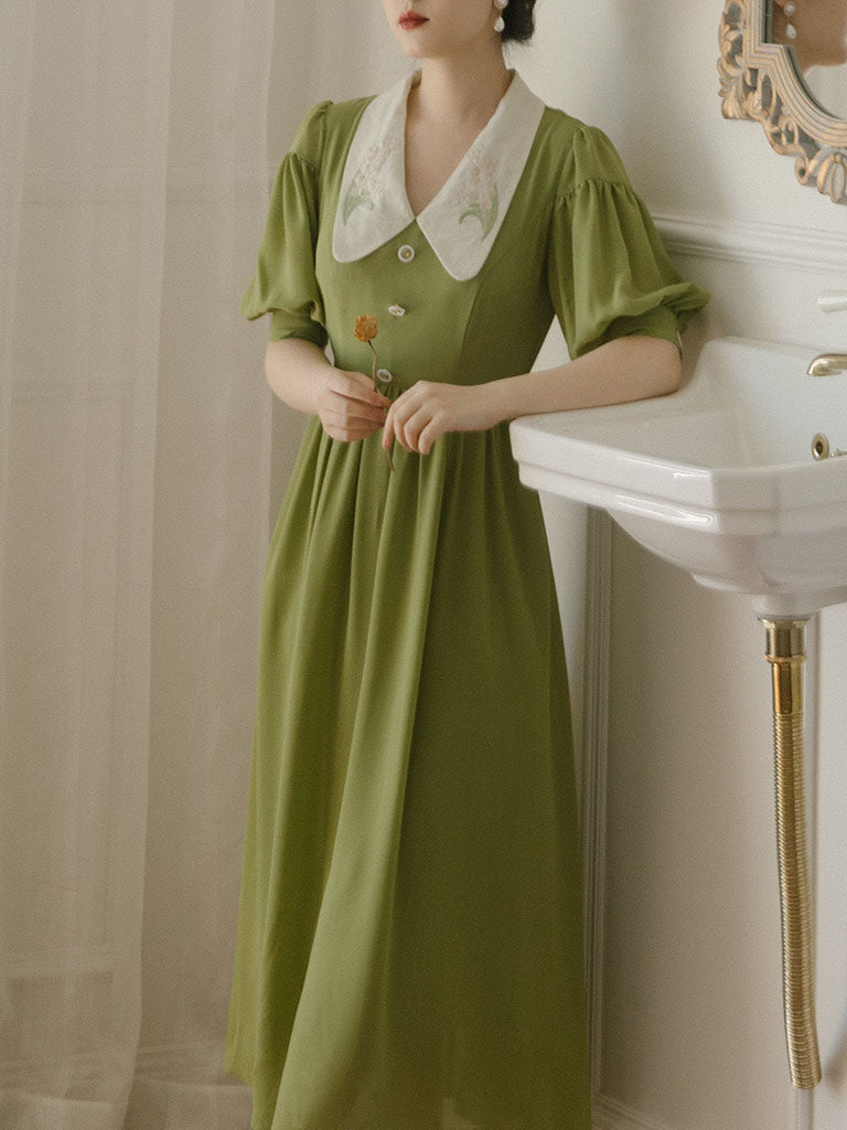 Green Chelsea  Floral Embroidered Collar Audrey Hepburn 1950S Dress