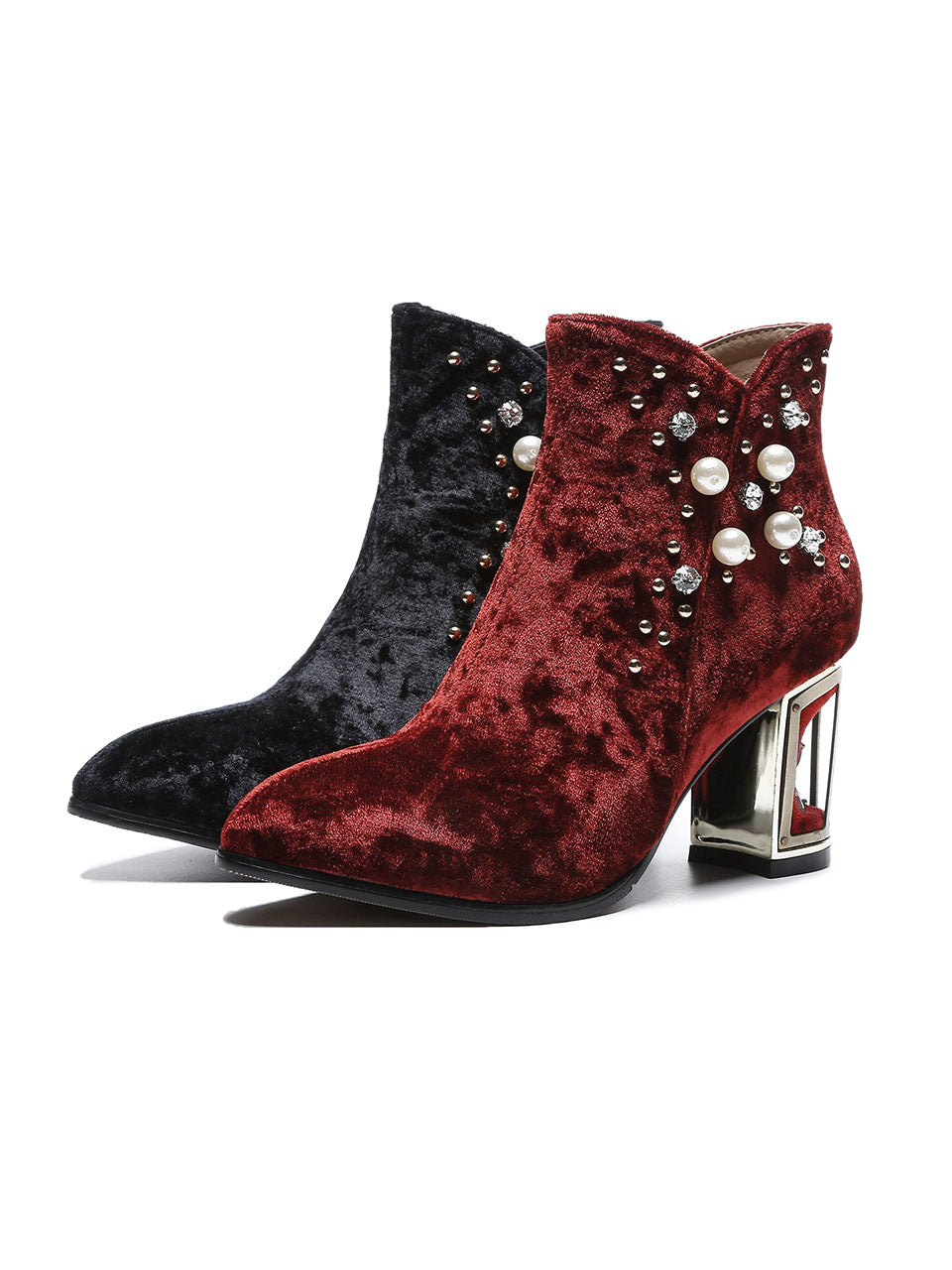 7CM Luxury Pearls And Diamonds Chunky High Heel Bootie Vintage Shoes