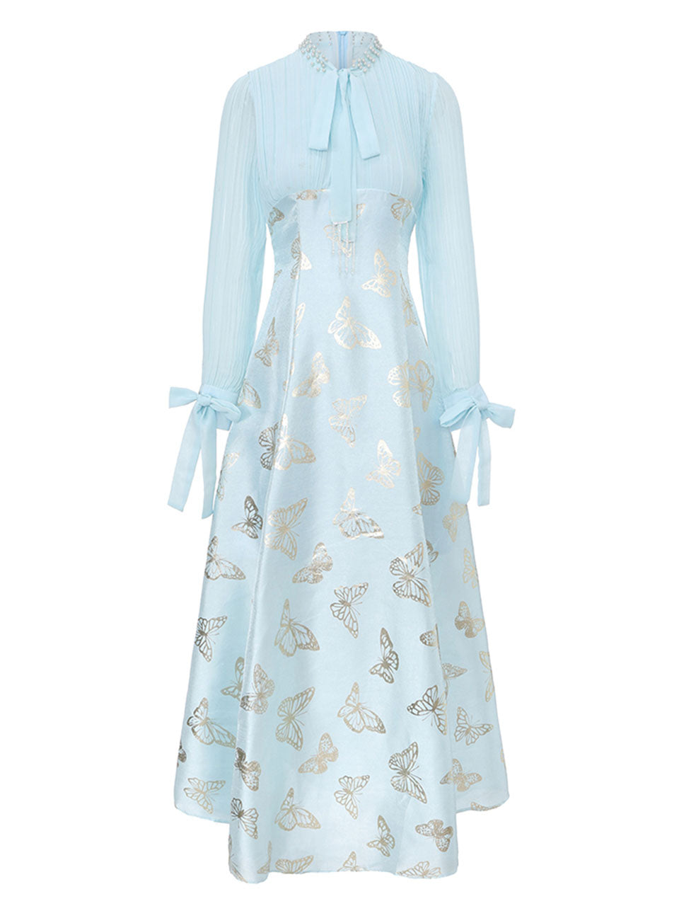 Gold Foil Butterfly Print Chiffon Blue Maxi Dress
