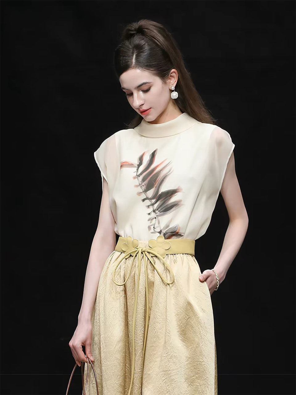 2PS Silk Printed Sleeveless Top and Gold Metallic Midi Skirt Dress Set