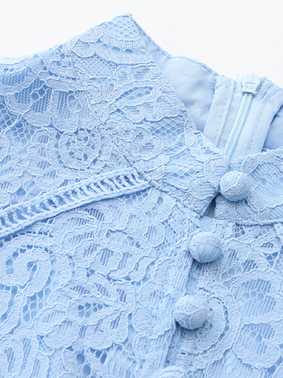 Blue Edwardian Lace Stand Collar Long Sleeve Maxi Dress