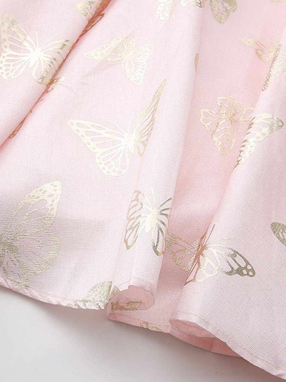 Gold Foil Butterfly Print Pink Vintage Square Neck Maxi Dress