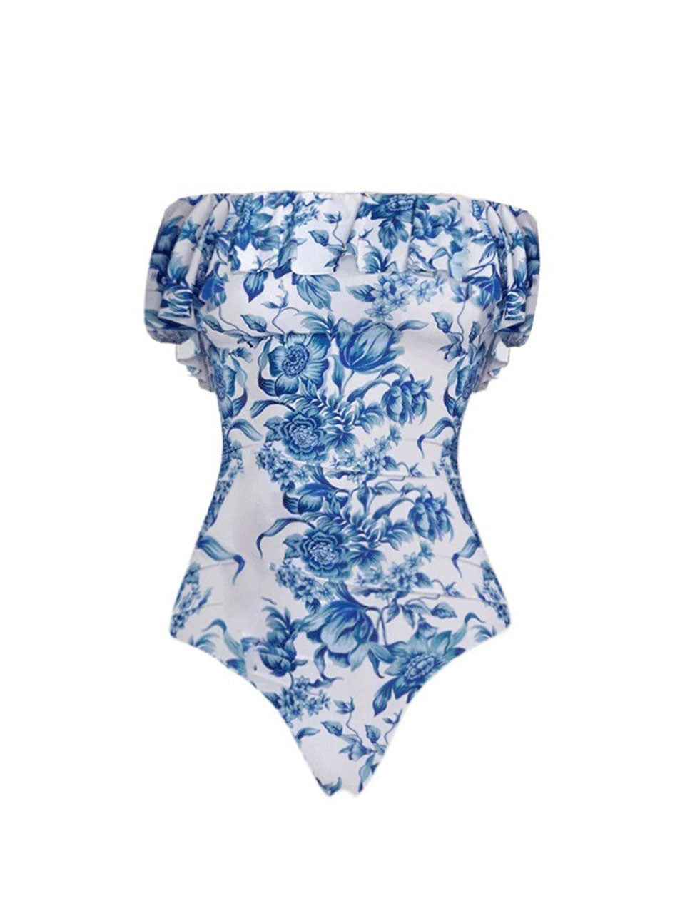 Vintage Blue and White Floral Off-the-Shoulder Swimsuit