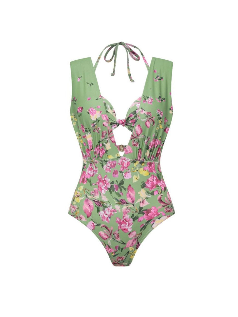 3PS Sage Green Vintage Halter Cutout Pastel Flower Print Monokini and Flowy Beach Long Skirt Swimsuit Set