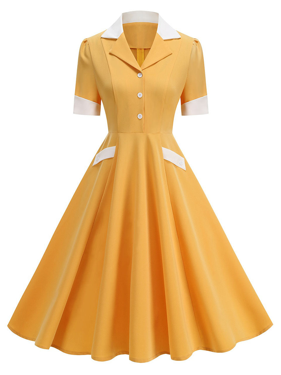 1950s Vintage Notch Lapel Short Sleeve Polka Dot Swing Dress