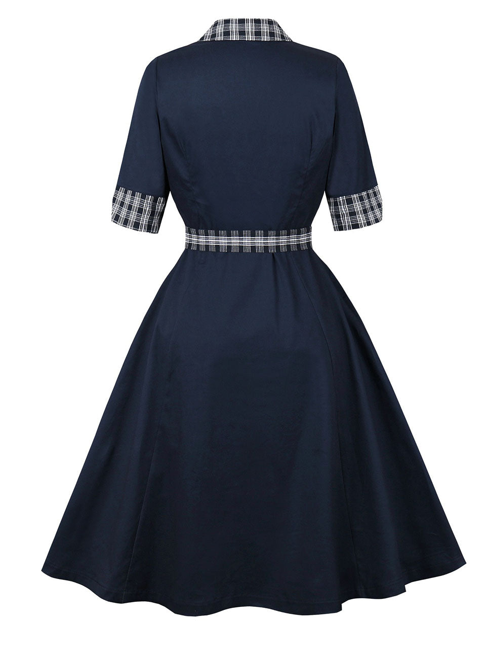 Vintage Double-Breasted Navy Gingham Collar Shirt Dress