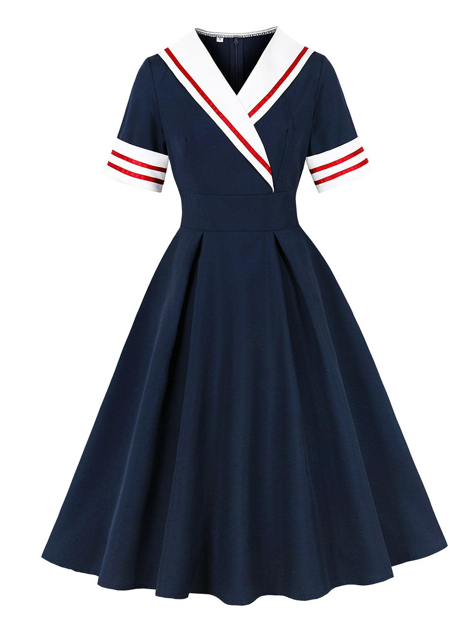 1950s Vintage Sailor Dress Retro Rockabilly V-Neck Swing Dress