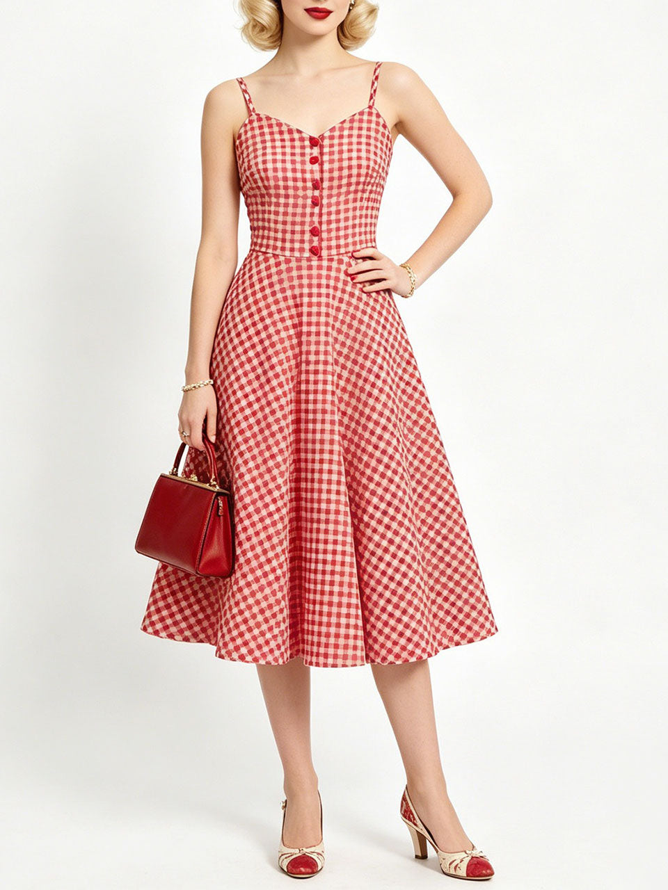 1950s Green Gingham Button Front Spaghetti Strap Swing Summer Picnic Dress