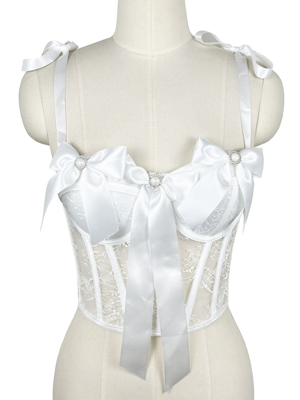 Black Bow Nude Lace Corset Top - Pearl Embellished Bustier