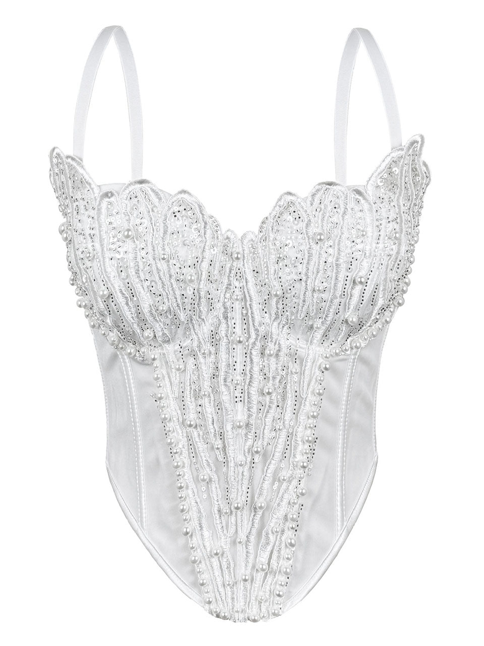 Pink Pearl Beaded Corset Top - Sequined Embroidery Spaghetti Strap Bustier