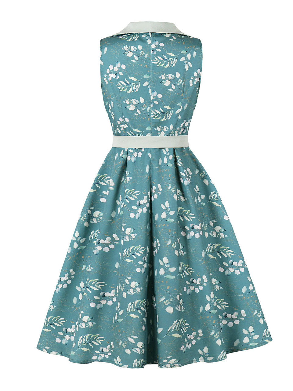 Retro Teal Lapel Collar Sleeveless A-Line Swing Dress