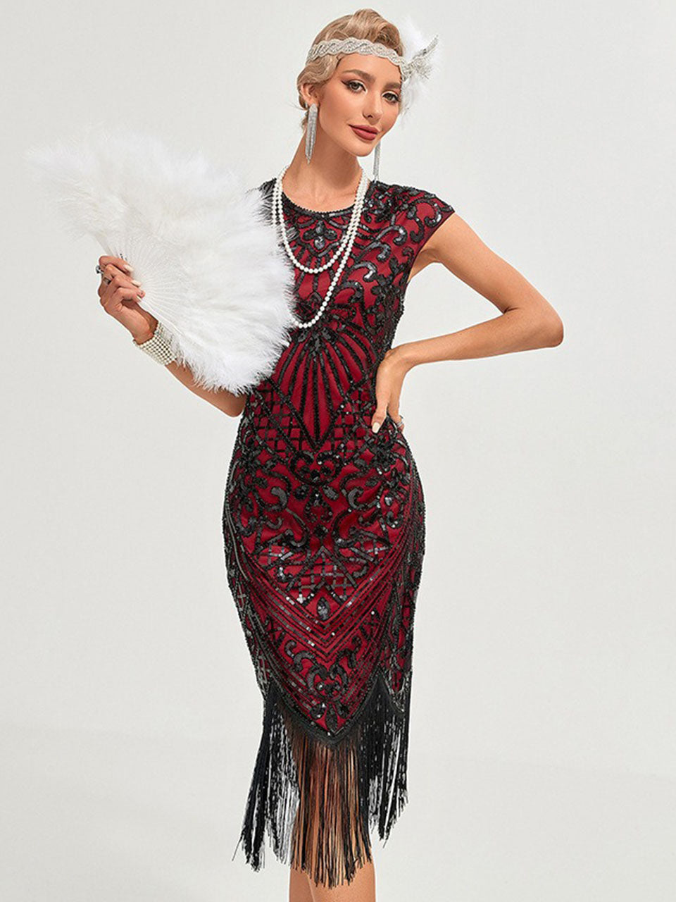 1920s Flapper Dress Gatsby Costume Burgundy Black Sequined Fringe Party Dress