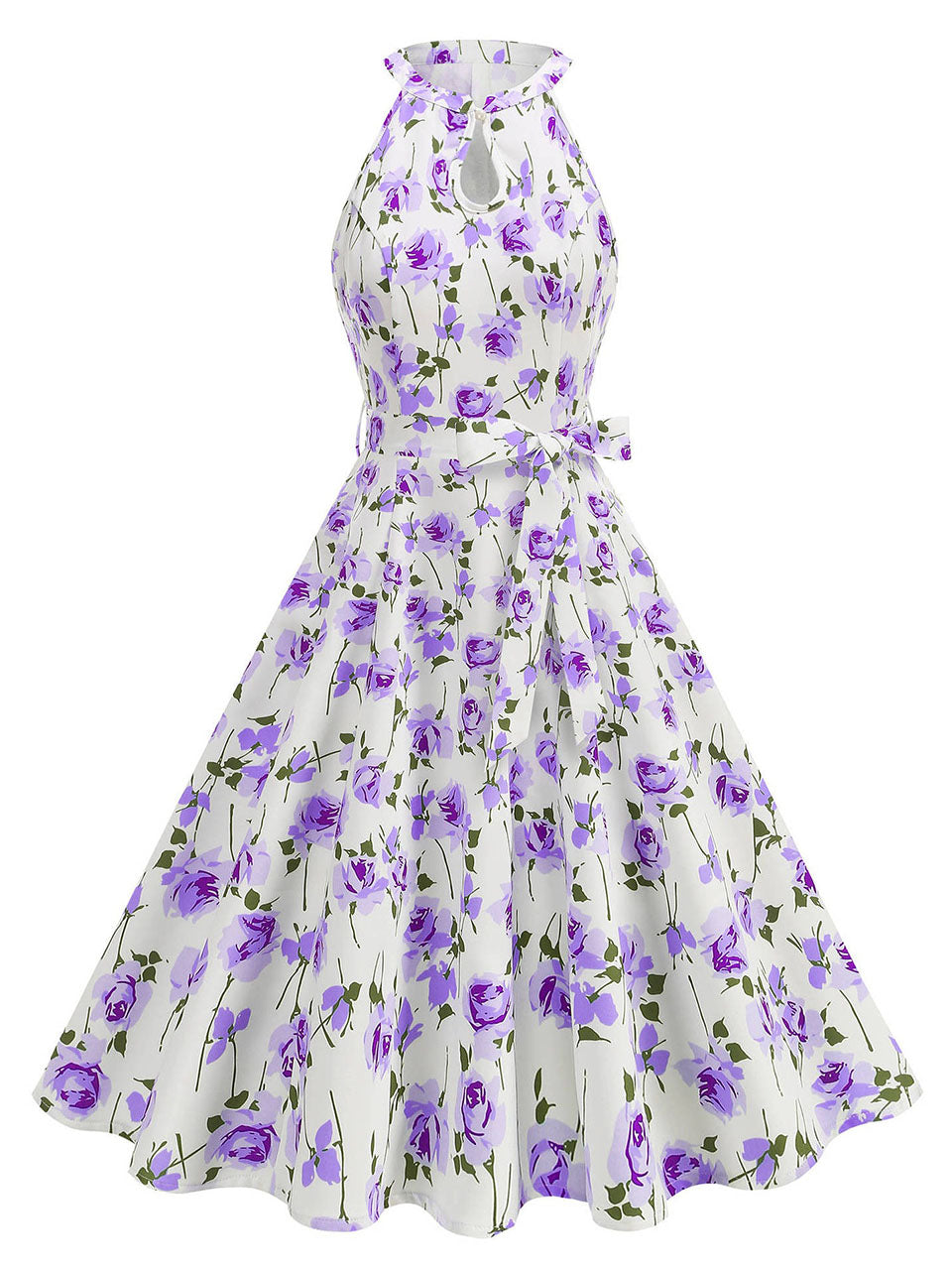 Floral Sleeveless Halter Neck 50S Swing Christmas Dress