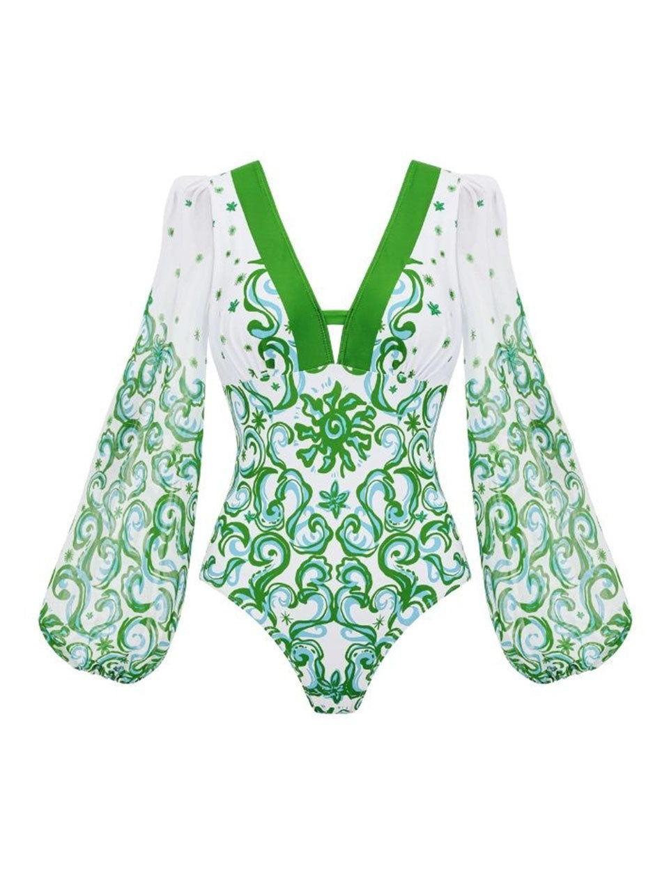 2PS Green Long Sleeve Baroque Swimsuit