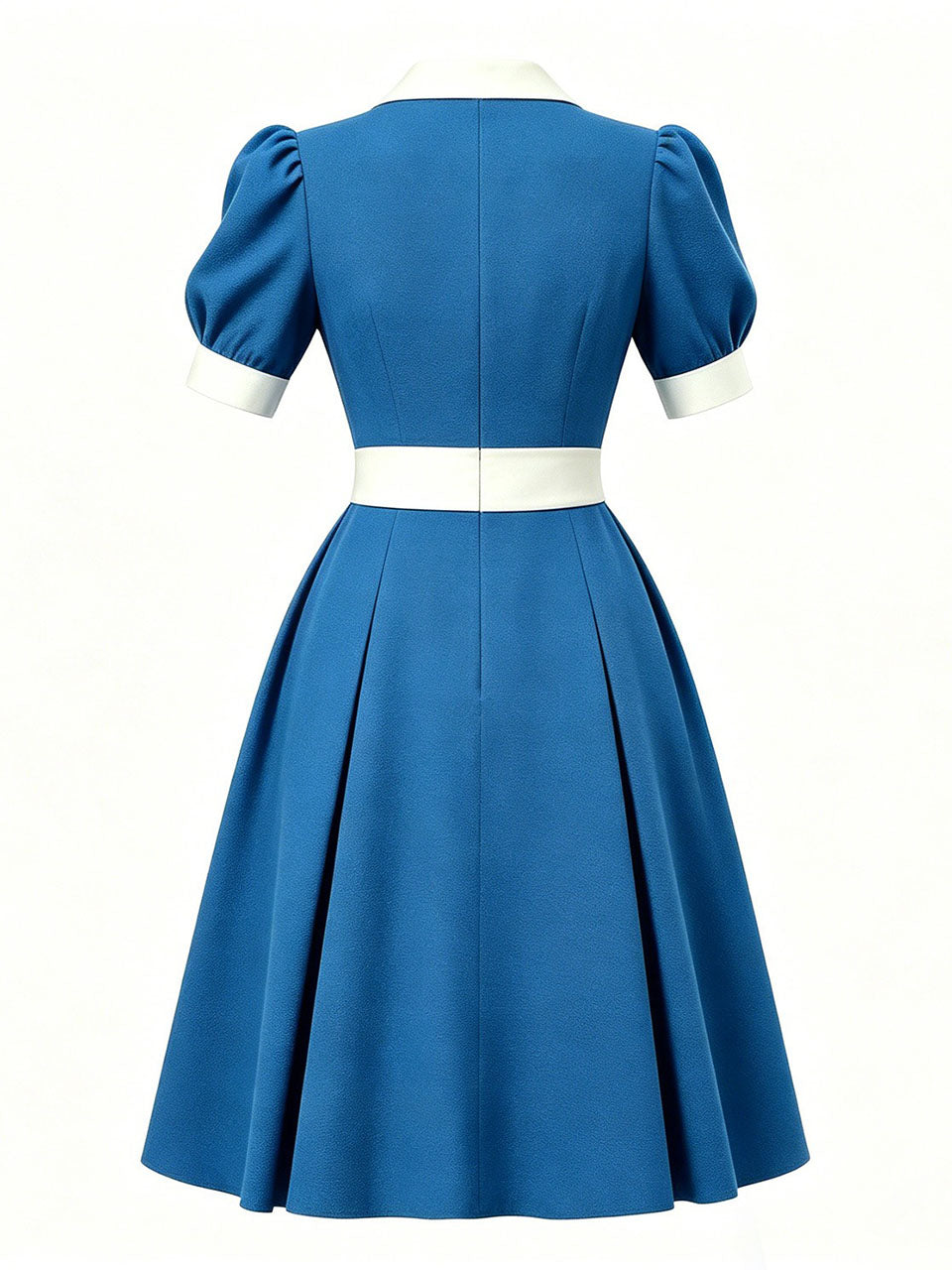 1950s Lake Blue Notch Lapel Collar Vintage Puff Sleeve Retro Swing Dress
