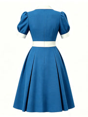 1950s Lake Blue Notch Lapel Collar Vintage Puff Sleeve Retro Swing Dress