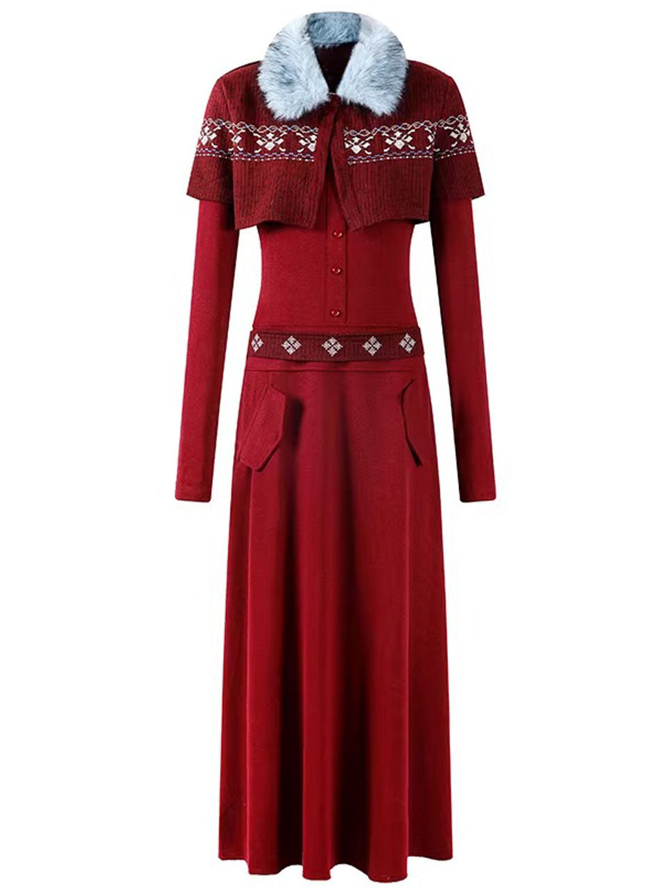 2PS Burgundy Fair Isle Knit Cape
