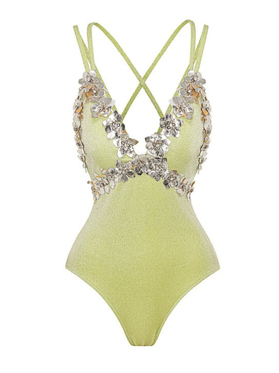 Mint Green Metallic Blossom Luxury Crisscross Back Shimmering  One-Piece Swimwear & Draped Sarong Set
