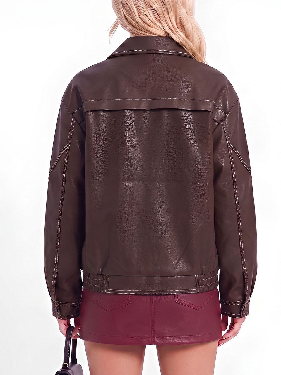 Dark Brown Contrast Stitch Faux Leather Bomber Jacket