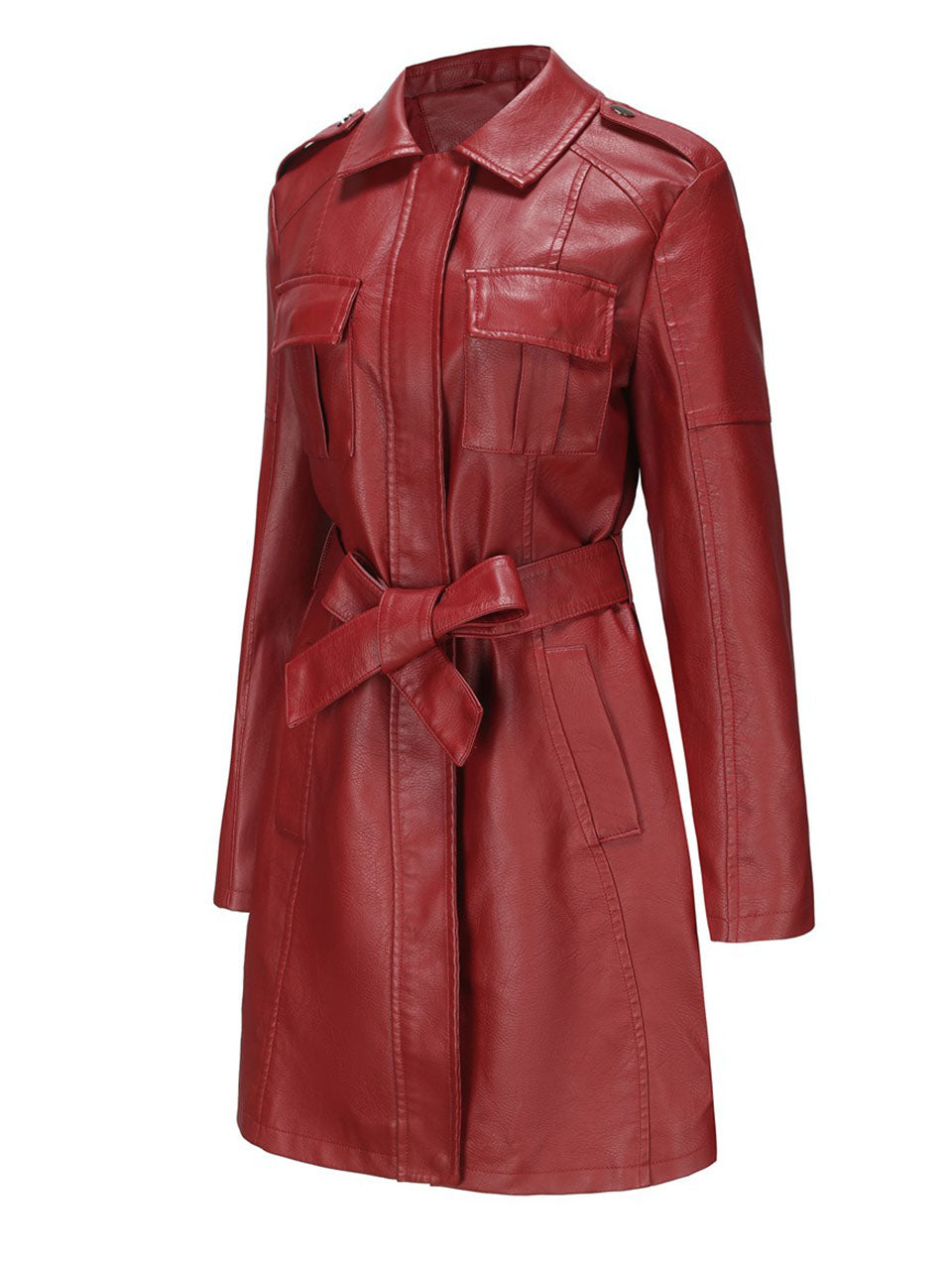 Black Faux PU Leather Trench Mid-Length Coat