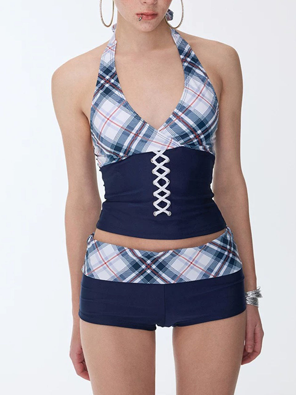 Lace Up Plaid Halter Tankini Set